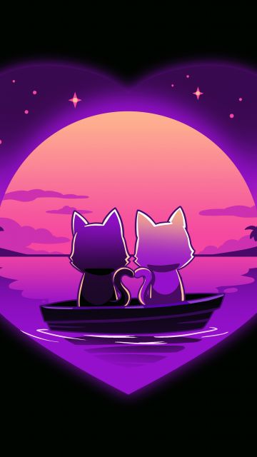 Romantic, Sunset, Love heart, Purple aesthetic, Black background, 5K, 8K, Couple