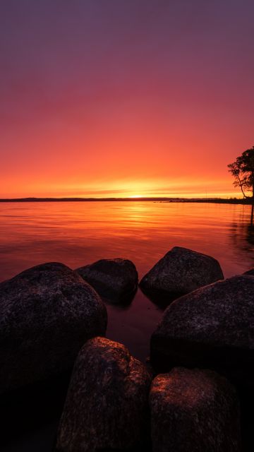 Roxen Lake, Sunrise, Morning sky, Nordic, Landscape, Outdoor, Rocks, 5K, Summer