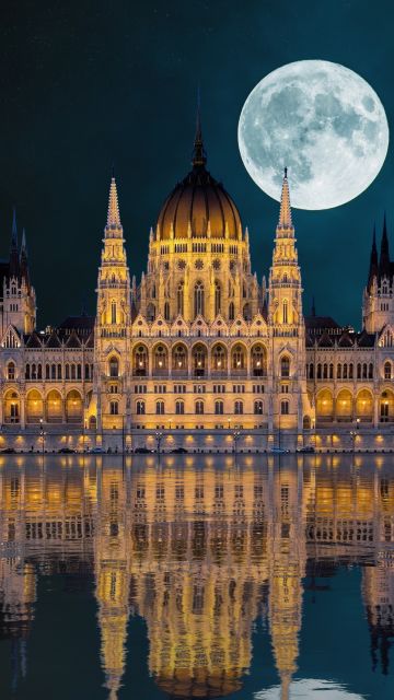 Hungarian Parliament Building, Budapest, Hungary, Landmark, Ancient architecture, 5K, 8K, Moon