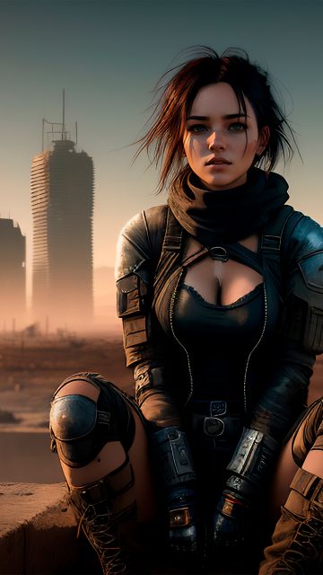 Hunter, AI art, Cyberpunk girl, Apocalypse