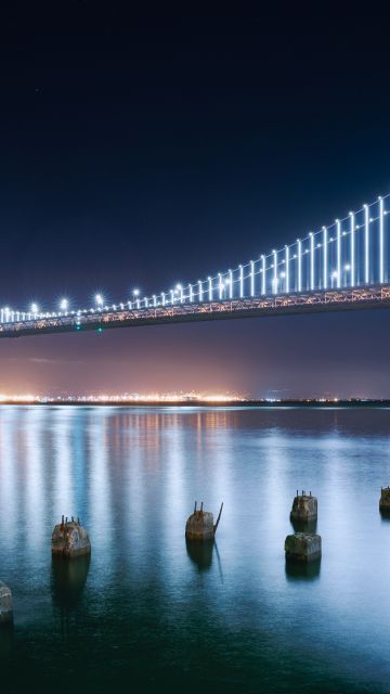 San Francisco-Oakland Bay Bridge, Night lights, Reflection, Modern, 5K, 8K