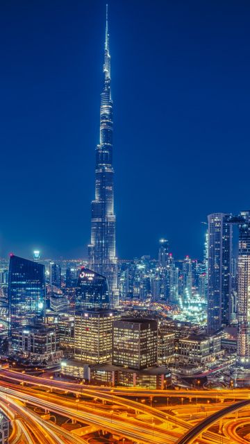 Burj Khalifa, Skyscraper, Dubai, Cityscape, Skyline, Modern architecture, Night, City lights, Metropolitan, Urban