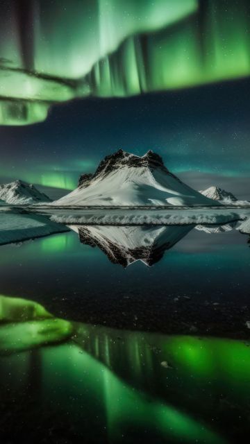 Aurora Borealis, Winter, Mountain, Northern Lights, Reflections, 5K, 8K