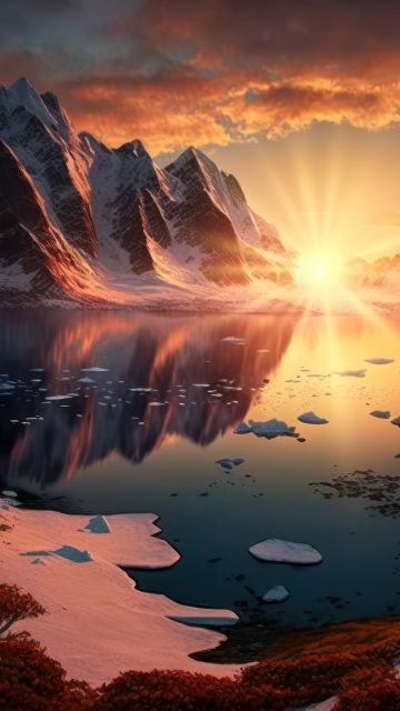 Sunset, Arctic, Mountains, Lake, AI art, Landscape, Reflection, Scenic, 5K, 8K