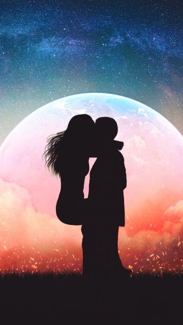 Romantic kiss, Silhouette, Moon, Lovers, Sunset, Couple