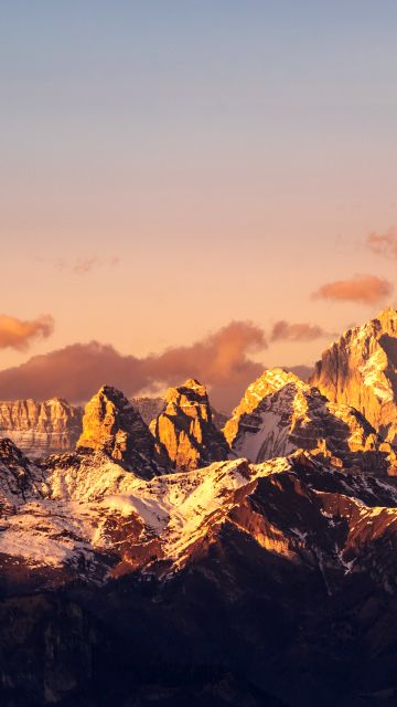 Dolomite mountains, Alps, Sunrise, Mountain range, 5K, Golden hour