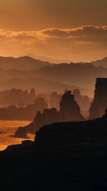 Rock formations, Hisma Desert, NEOM, Saudi Arabia, 5K, 8K, Sunset