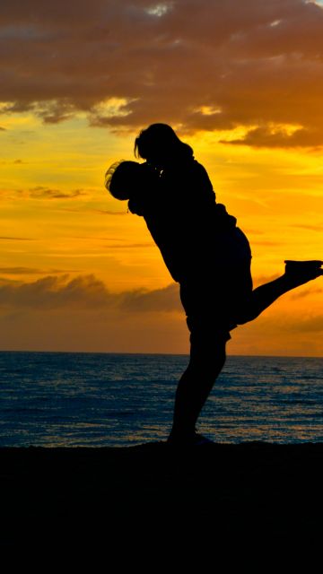 Couple, Mood, Romantic kiss, Sunset, Silhouette, Beach, Dawn, 5K
