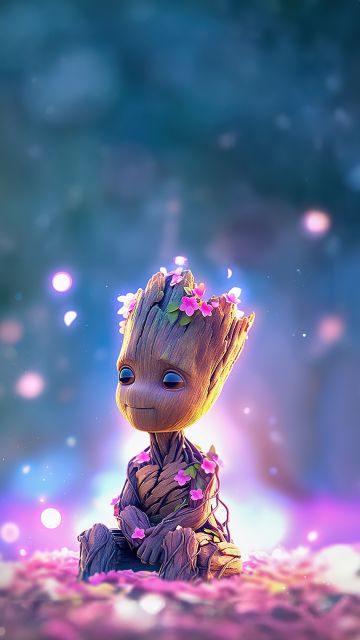 Baby Groot, Flower crown, Cute art, Aesthetic, Floral, Bokeh Background, AI art, Pink flowers, Vibrant