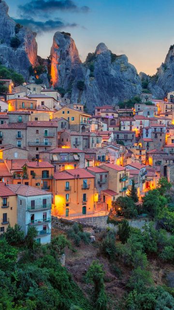 Castelmezzano, Basilicata, Italy, Dolomiti lucane, Mountains, Night lights, Sunset
