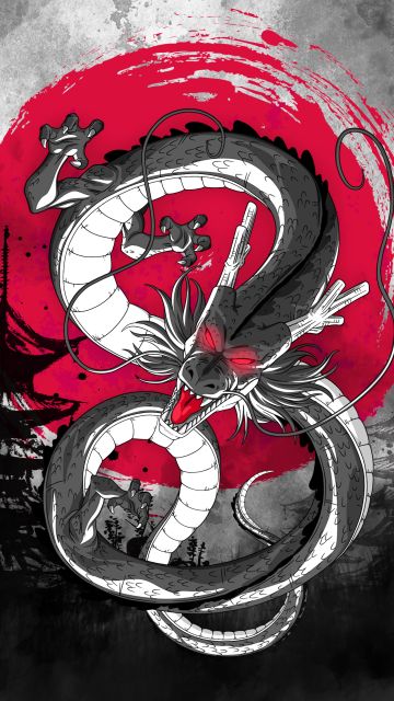 Shenron, Dragon, Japanese culture, Red moon, Digital Art