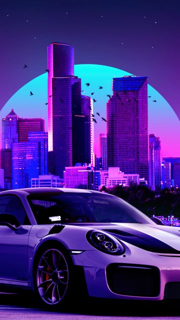 Porsche 911 GT2, Retro, Synthwave, Neon, Cityscape, Vaporwave, Cyberpunk, Outrun
