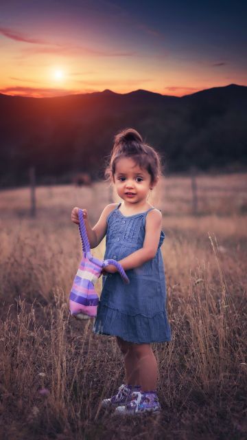Cute Girl, Cute kid, Adorable, Field, Sunset