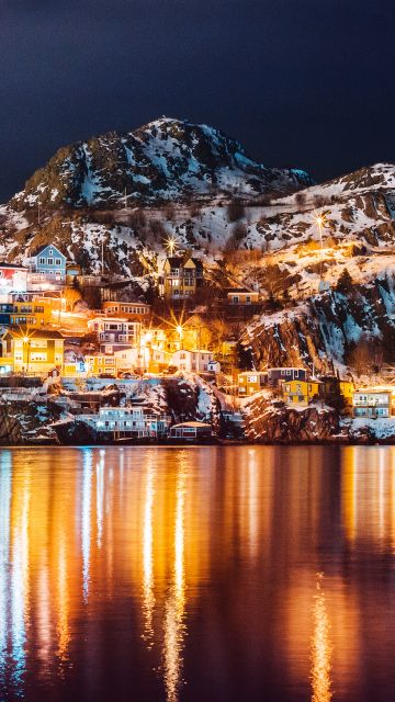 Newfoundland, Island, Canada, Night lights, Reflections, Lake
