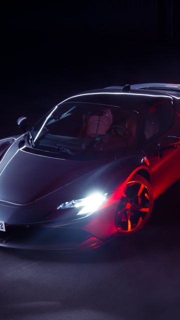Ferrari SF90 Stradale, Supercar, Hybrid cars, 5K, Dark background
