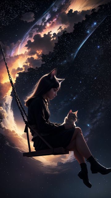 Cute Girl, Kitten, Dream, Surreal, Night sky