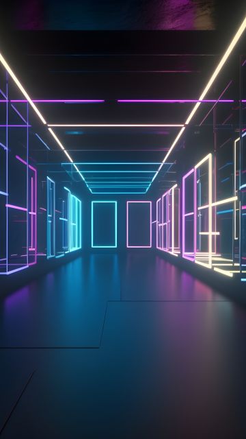Glowing, Corridor, Neon Lights, Colorful, 5K
