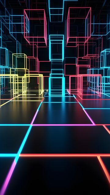 Neon, Cubes, Floor, Lighting, 5K, Colorful