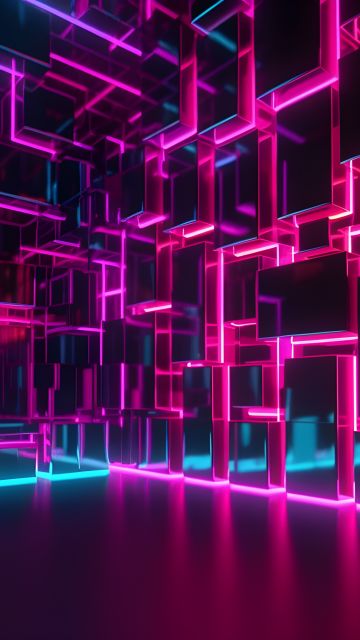 Neon background, Cubes, Modern, Glowing, 5K