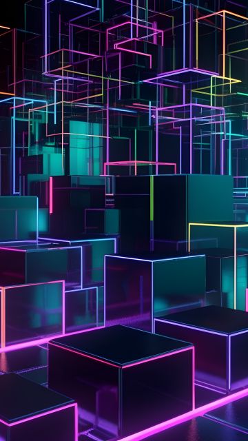 Neon, Cubes, Stack, Digital Art, 5K