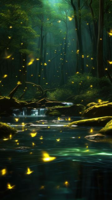 Fireflies, Forest, 8K, Aesthetic, River, Night, Mystic, 5K