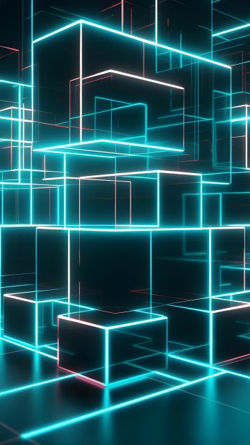 Neon, Cubes, Maze, Dark room, Glowing lights, 5K, Geometric