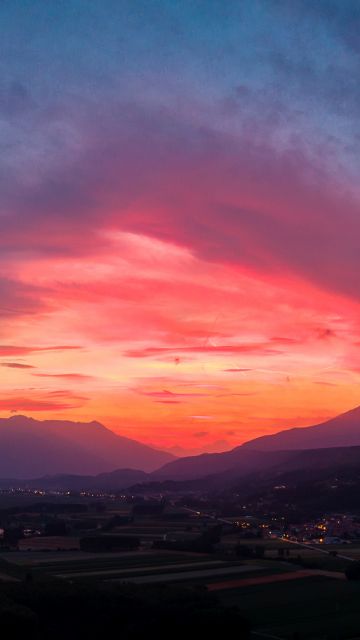 Sunset, Countryside, Mountains, Twilight, Afterglow, Red Sky, 5K, 8K