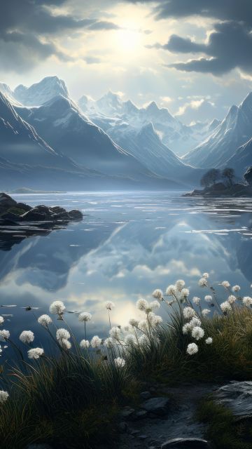 Alpine lake, Moonlight, Scenery, Surreal, Serene, Peaceful, Valley, AI art, 5K, 8K