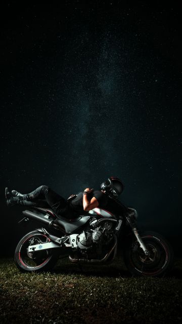 Biker, Night, Starry sky, Honda, Relax