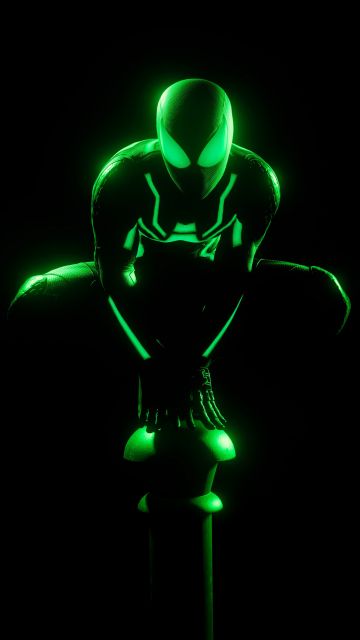 Spider-Man, Glow in dark, Neon Green, AMOLED, 5K, Black background, Spiderman