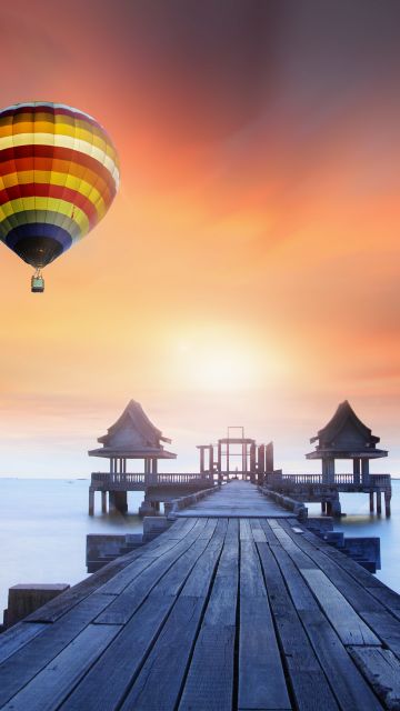 Wooden pier, Hot air balloons, Sunrise, Daylight, Foggy, Colorful, 5K