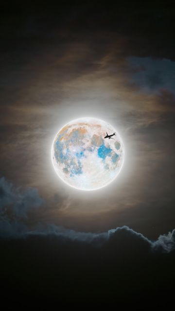 Full moon, Flight, Silhouette, Clouds
