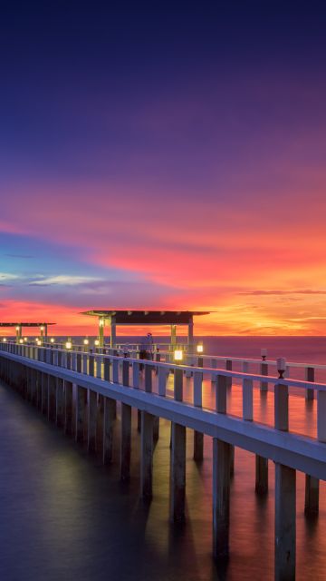 Wooden pier, Resort, Bridge, Sunset, Horizon, Dawn, Vacation, Sea, Holidays, Phuket, Thailand, Aesthetic, 5K