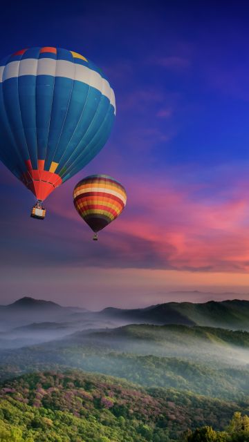 Hot air balloons, Doi Inthanon National Park, Sunrise, Dawn, Hills, Colorful, Foggy, Thailand, Aesthetic, 5K