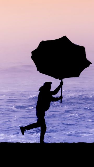Beach, Silhouette, Umbrella, Man, Purple aesthetic, 5K