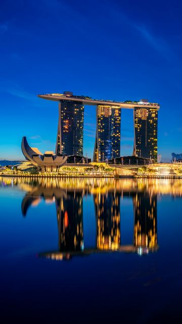 Singapore, Marina Bay Sands, Downtown, Cityscape, City lights, Night, Reflections, Skyline, 5K