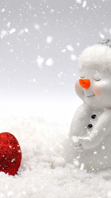 Snowman, Red heart, Cute figure, Snowfall, Christmas decoration, 5K, Navidad, Noel