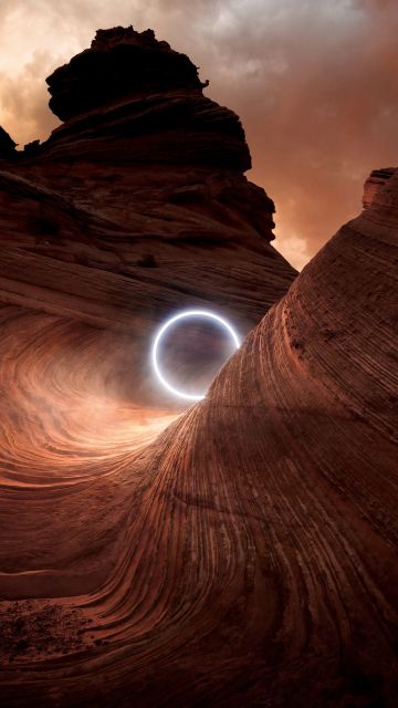 Circle light, Canyon, Illuminated, Sunset, Dusk, Rocks, 5K