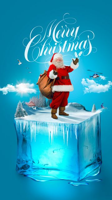 Santa Claus, Ice cube, 5K, Surreal, Aesthetic Cyan, Cyan background, Navidad, Noel