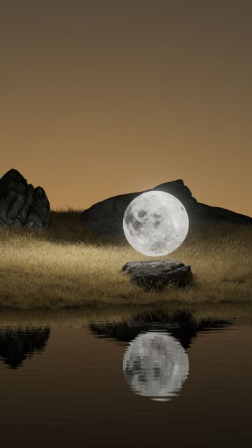 Full moon, Landscape, Rocks, Body of Water, Reflection, Surreal, Brown aesthetic