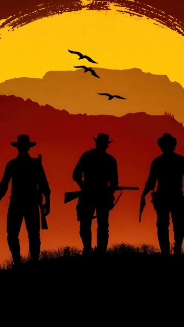 Red Dead Redemption 2, Gang, Silhouette, Sunset, Cowboys, Western