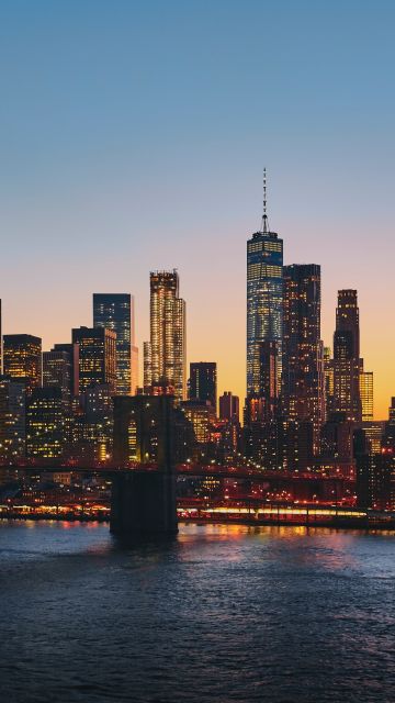 Manhattan, 5K, New York City, Manhattan Bridge, Cityscape, Sunset, Urban, Evening, City lights