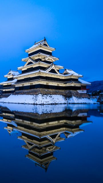 Matsumoto Castle, Japan, Historical landmark, 5K, Blue aesthetic, Winter, Japanese architecture