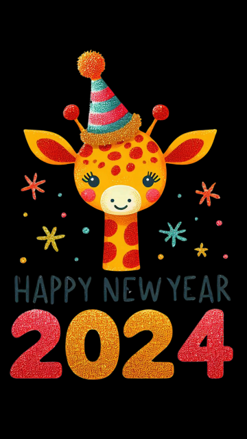 Happy New Year 2024, Giraffe, Cute art, AI art, Black background, AMOLED, 5K, 8K