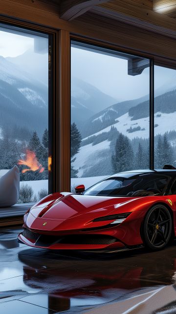 Ferrari SF90 Stradale, Cozy, Aesthetic interior, Winter, 5K, Fireplace