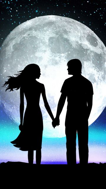 Love couple, Hands together, Dreamlike, Silhouette, Moon, Surrealism, Dark theme, Starry sky, 5K