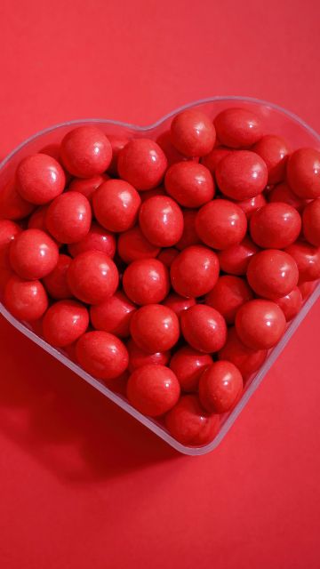 Heart shape, Sugar candies, Red background, 5K, Love heart