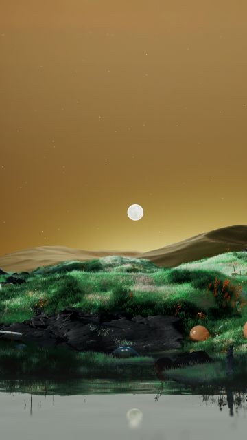 Dreamlike, Full moon, Landscape, Surrealism, Green Fields