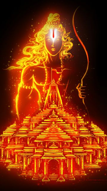 Ayodhya Ram Mandir, Glowing, Lord Rama, Hinduism, Hindu God, Black background, 5K, 8K, AMOLED, Jai Shri Ram, Digital Art