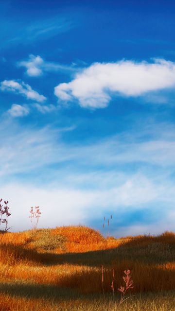 Grass field, Serene, Landscape, Blue Sky, 5K, Clouds